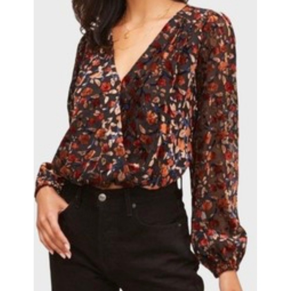 Astr Velvet Floral Print Long Sleeve Wrap Top‎ Blouse Women's Small